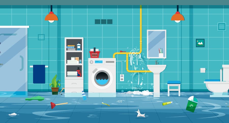 Illustration of bathroom flooding due to a leaky pipe